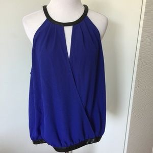 Bebe Blouse with Leather Trim in Blue